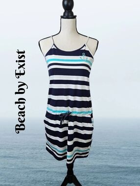 Beach By Exist Womens Sz XL Sun Dress Nautical Themed Embroider Anchor Striped